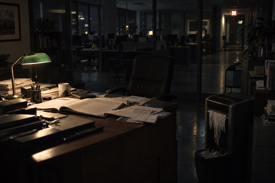 An empty office at night, a ledger under a desk lamp, a shredder full of paper