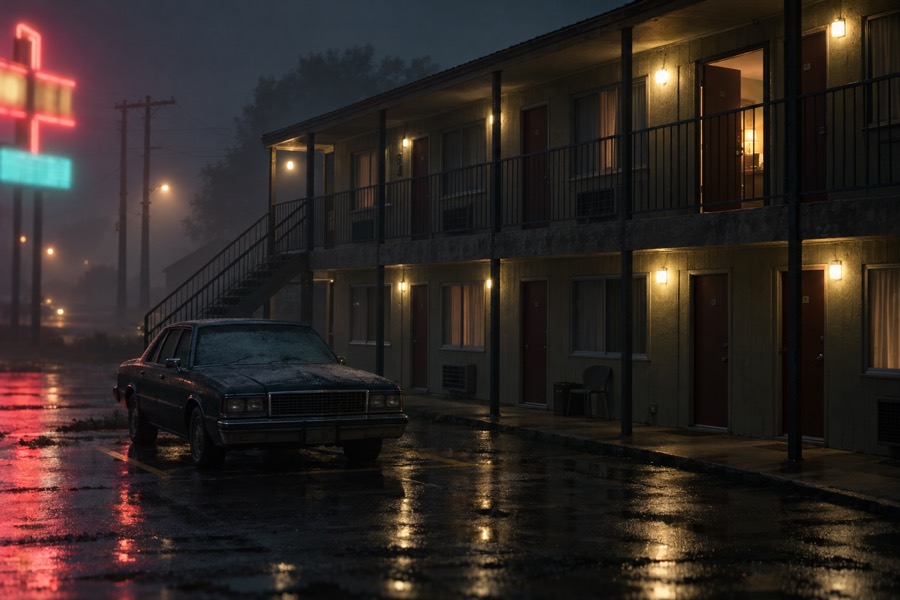 A roadside motel at night in the rain, one door ajar