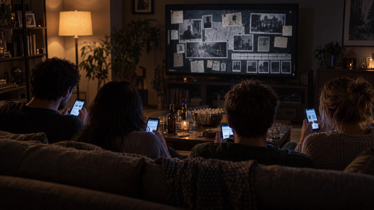 Four friends on a sofa at night, phones glowing, a case board on the TV
